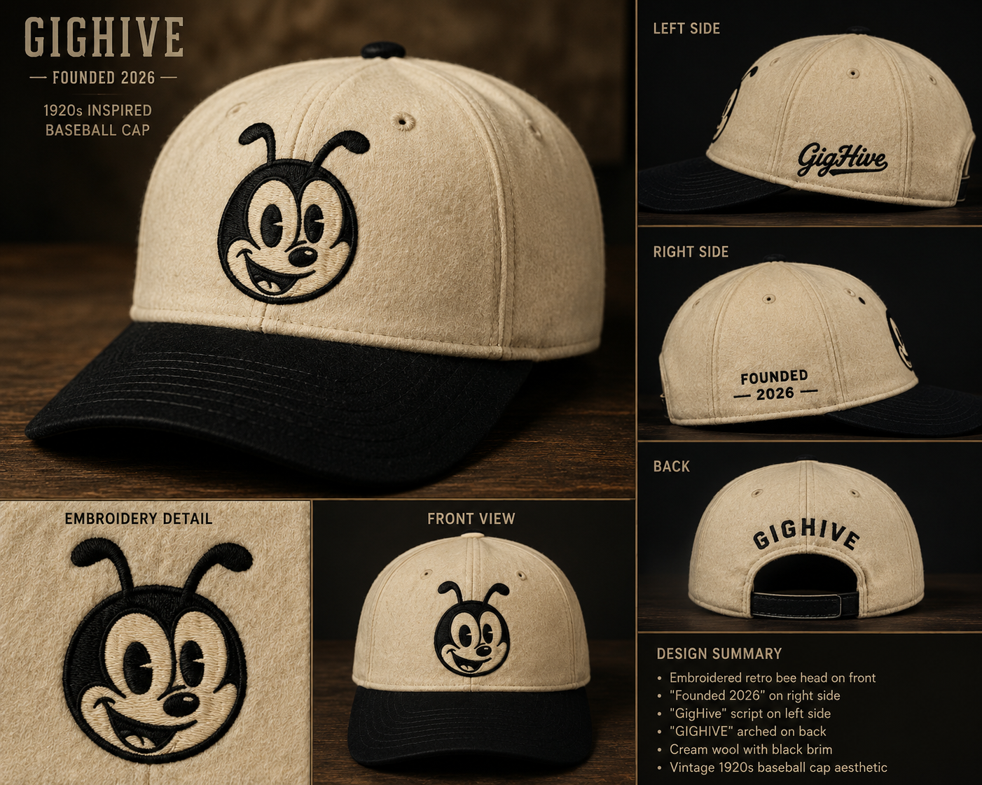 GigHive Retro Bee Hat — design preview